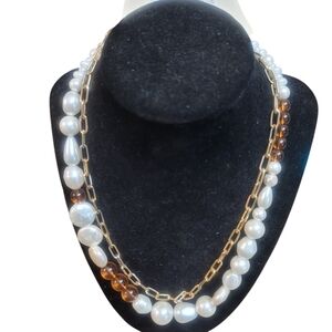 Glass Pearl and Metal Link Statement Necklace